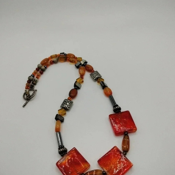 Aztec Boho Glass Polish Beads Necklace Silver Tone - Picture 3 of 6